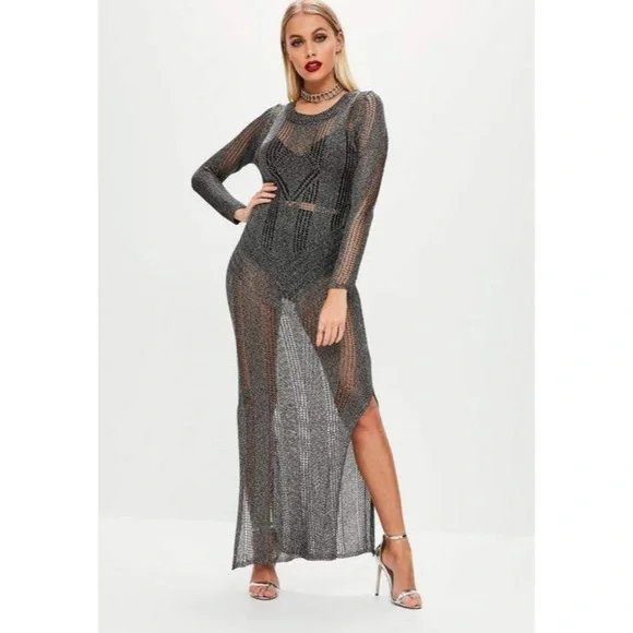 Women's Missguided Gray Premium Side Split Metallic Dress, Size 4